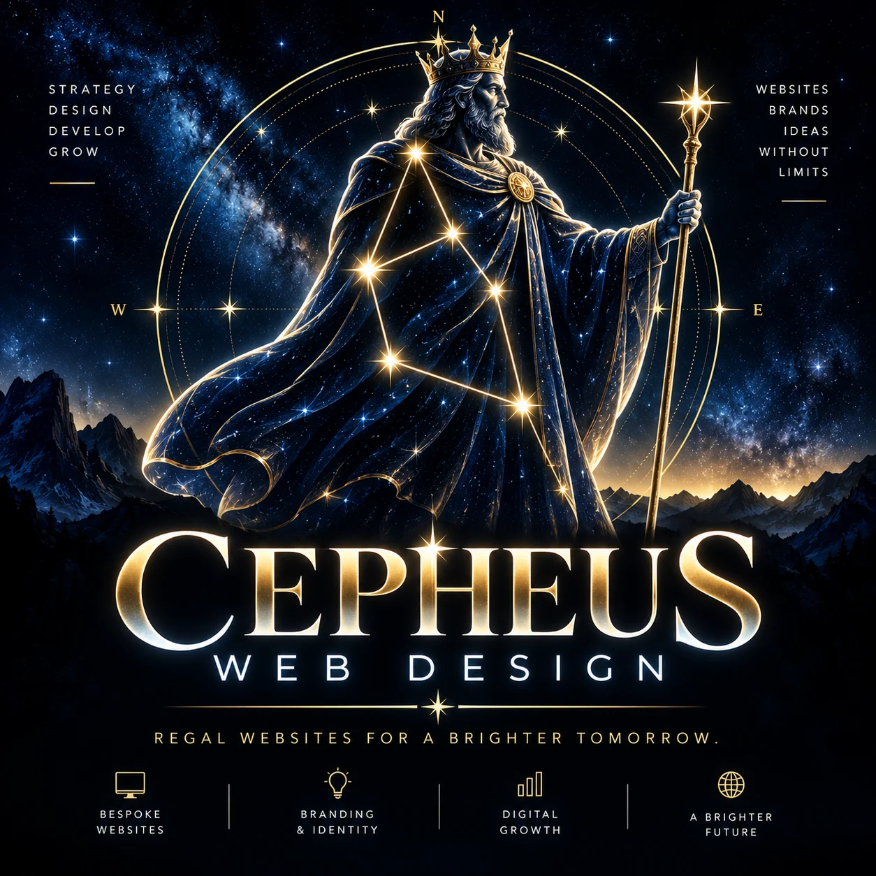 Cepheus Web Design: King Cepheus drawn in gold constellation stars against a night sky. Regal websites for a brighter tomorrow.